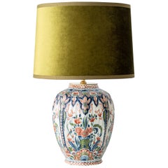 Dutch Delft Hand-Painted Ceramic Table Lamp, Makkum Polychrome, New Velvet Shade