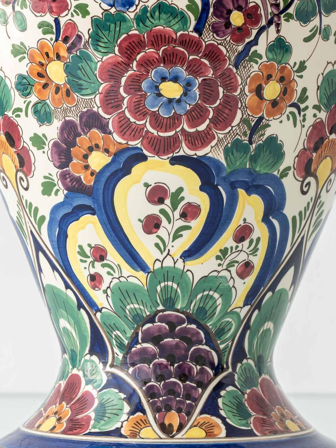 Dutch Delft Hand-Painted Vases, Monumental Chinoiserie Pair, 1950s For Sale 5
