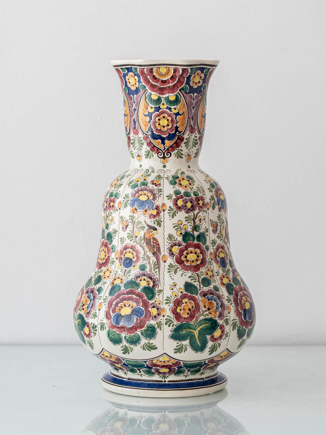 Glazed Dutch Delft Hand-Painted Vases, Monumental Chinoiserie Pair, 1950s For Sale