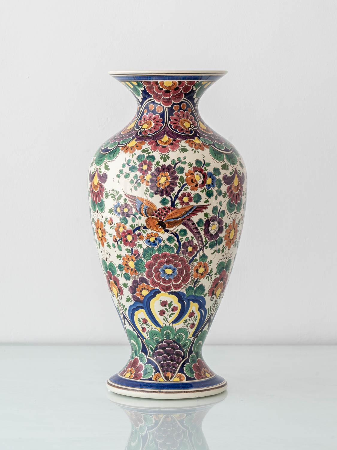 Dutch Delft Hand-Painted Vases, Monumental Chinoiserie Pair, 1950s For Sale 3