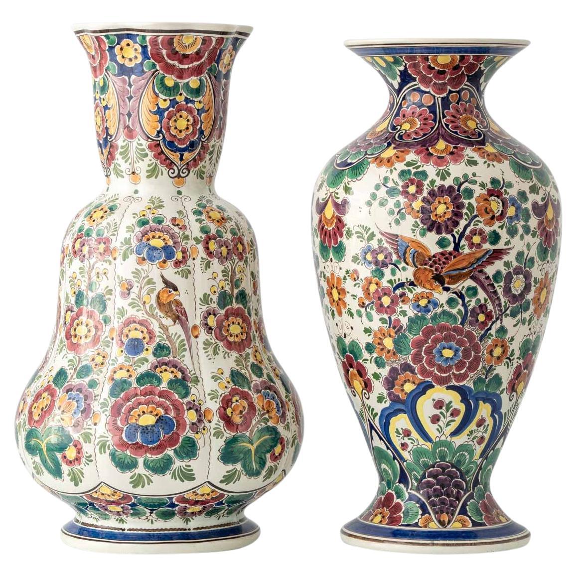 Dutch Delft Hand-Painted Vases, Monumental Chinoiserie Pair, 1950s