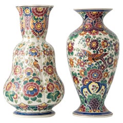 Dutch Delft Hand-Painted Vases, Monumental Chinoiserie Pair, 1950s