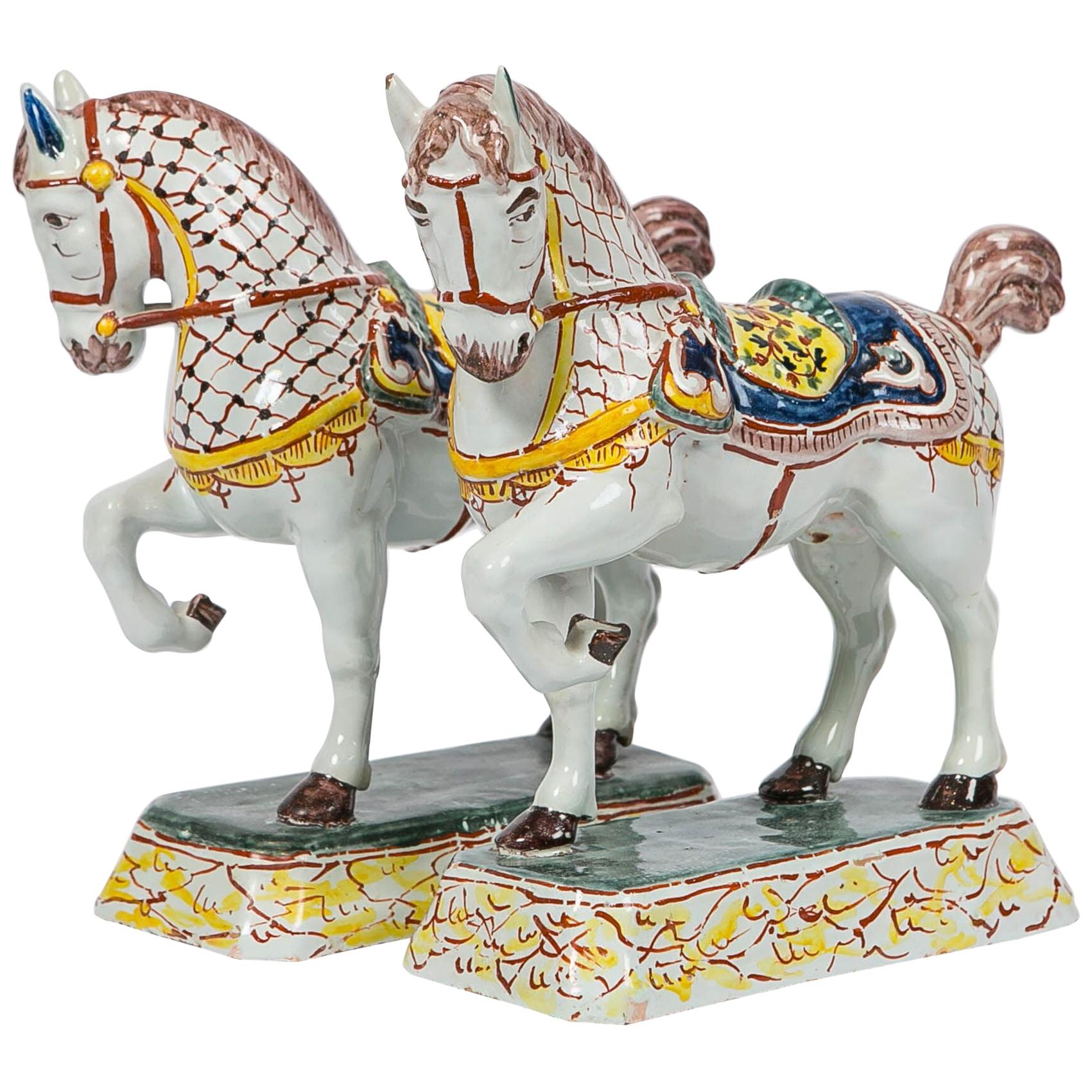Dutch Delft Horses Hand Painted in Polychrome Colors Made Mid-19th Century, Pair