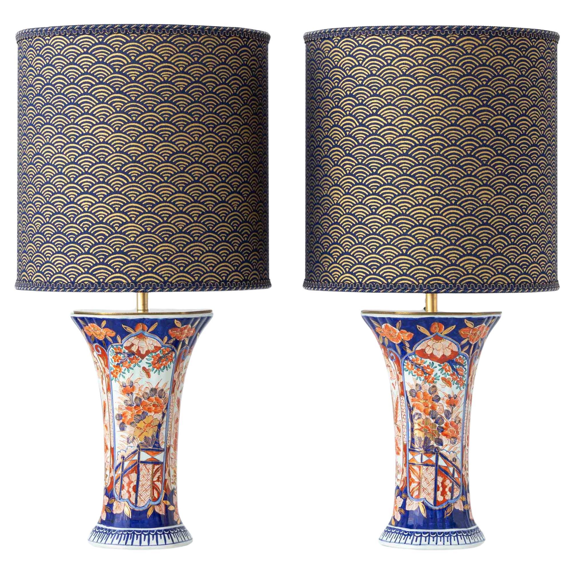 Paire de lampes de table Delft Imari de Jaap Heinen avec nouveaux abat-jours japonais