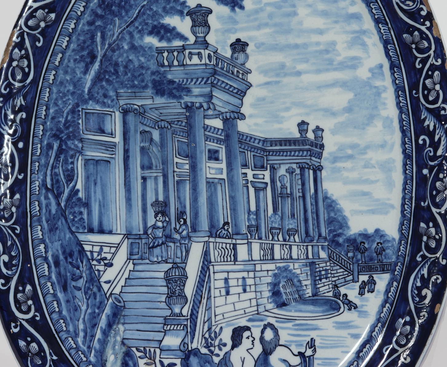 Queen Anne Dutch Delft Oval Blue & White Architectural Plaque, Three Porcelain Ash-Barrel For Sale