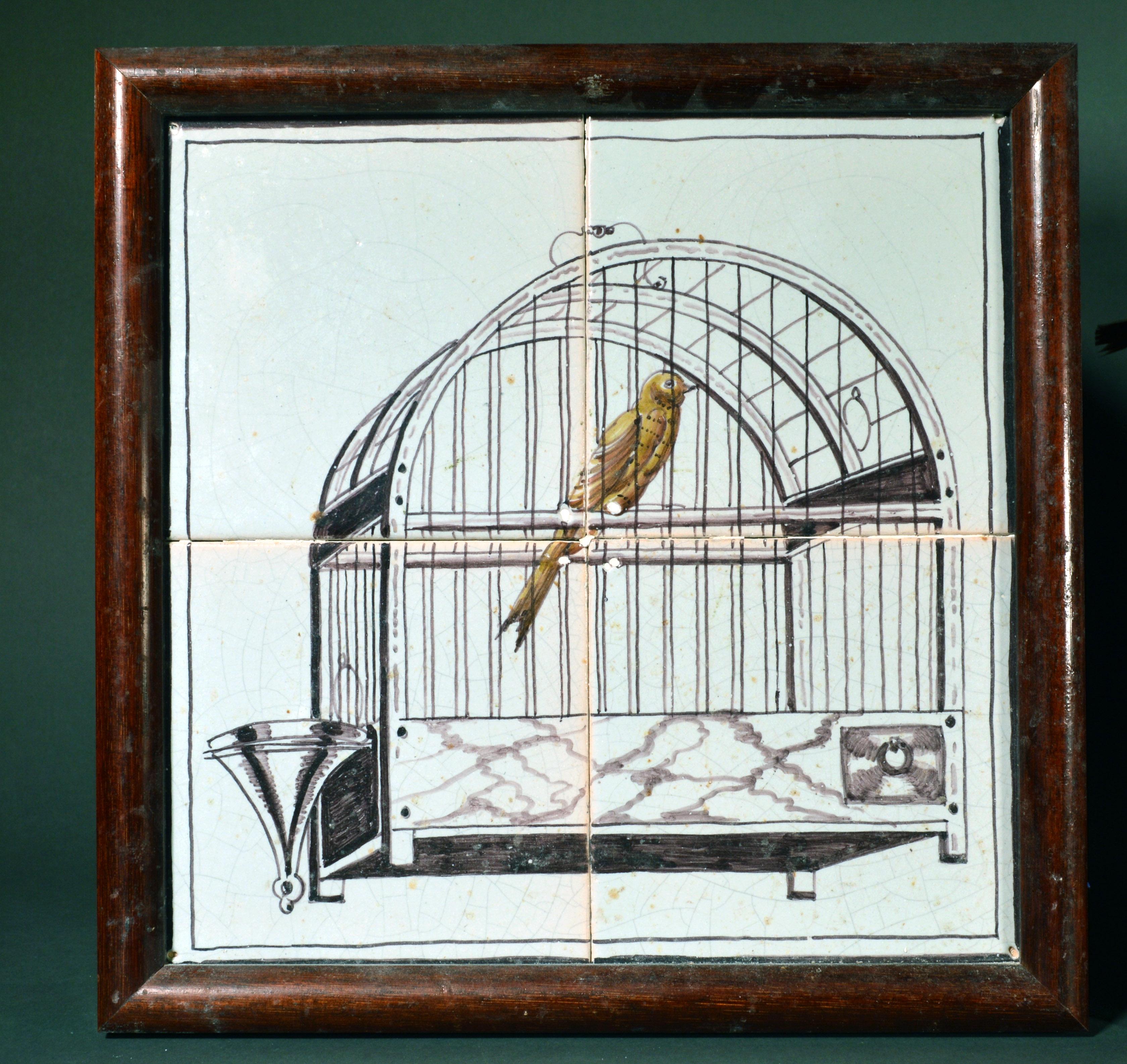 Dutch delft pair of framed tiles with birds in birdcages,
19th century

A pair of framed tile pictures or plaques each consisting of four large Dutch delft tiles depicting a bird in an openwork cage. The birds face each other.

Dimensions: 11
