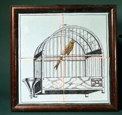 Dutch Delft Pair of Framed Tiles with Birds in Birdcages