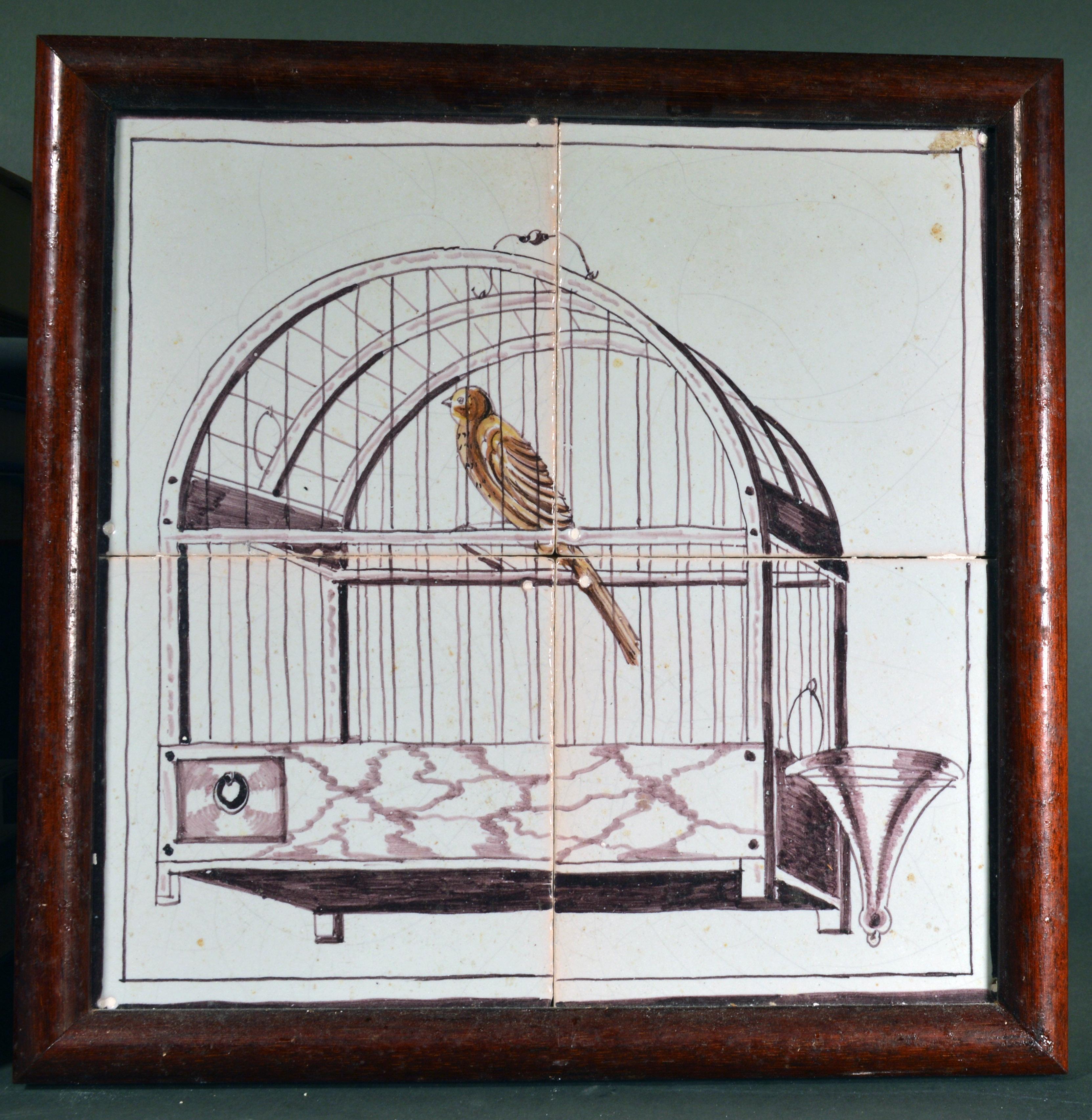 Dutch Delft Pair of Framed Tiles with Birds in Birdcages In Good Condition In Downingtown, PA