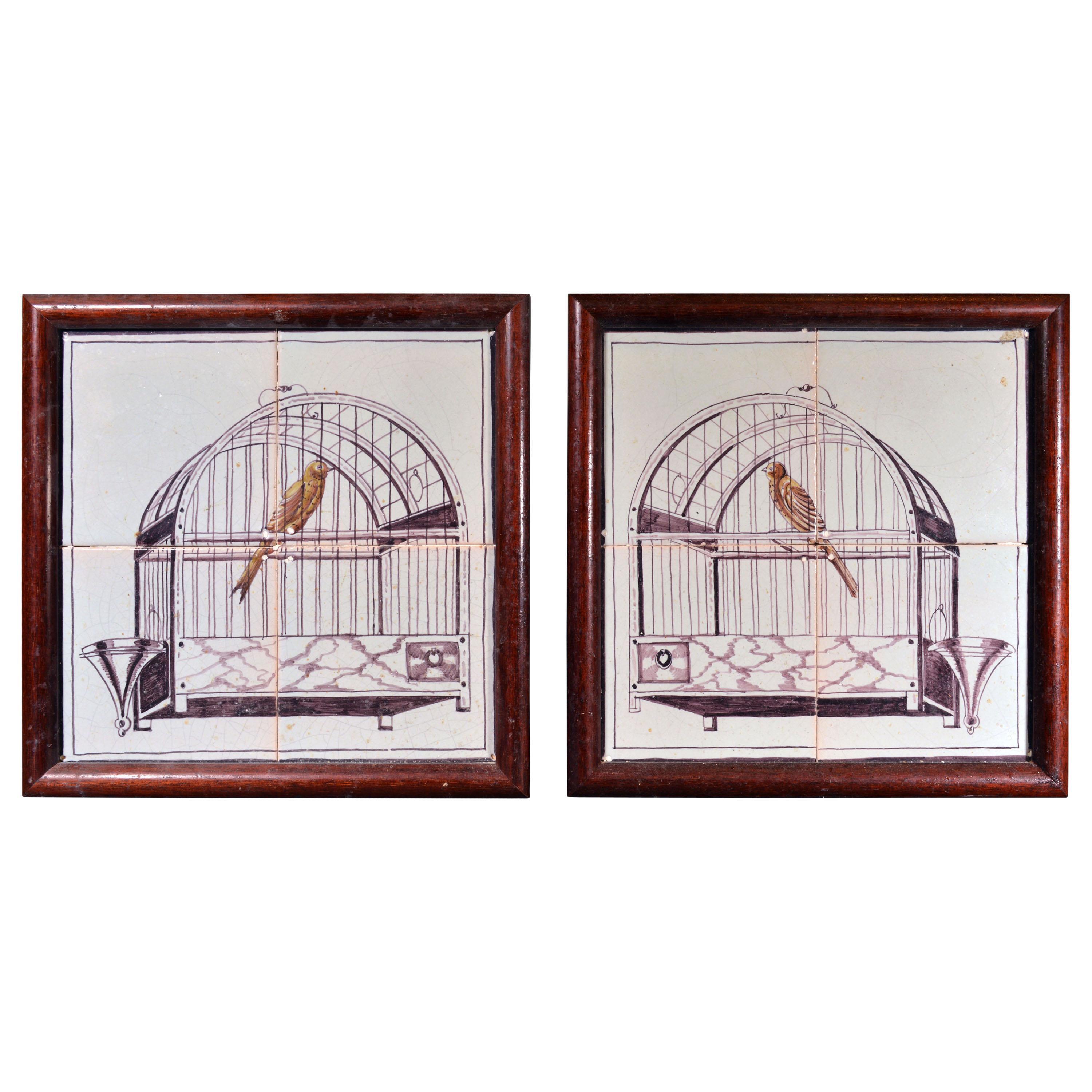 Dutch Delft Pair of Framed Tiles with Birds in Birdcages