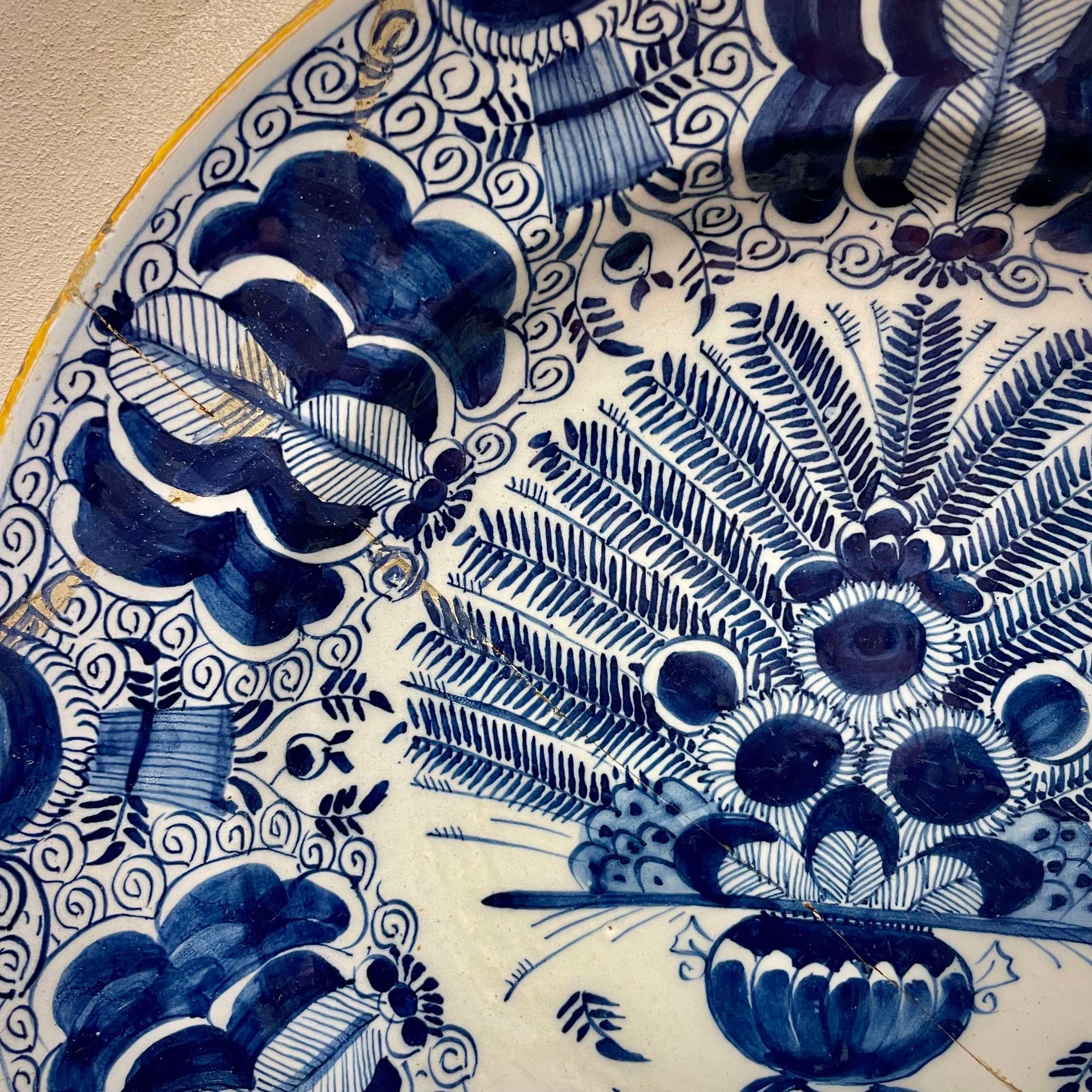 Hand-Painted Dutch Delft Peacock Charger, circa 1750