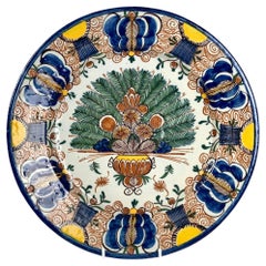 Dutch Delft Peacock Charger Mid-18th Century Decorated in Polychrome Colors