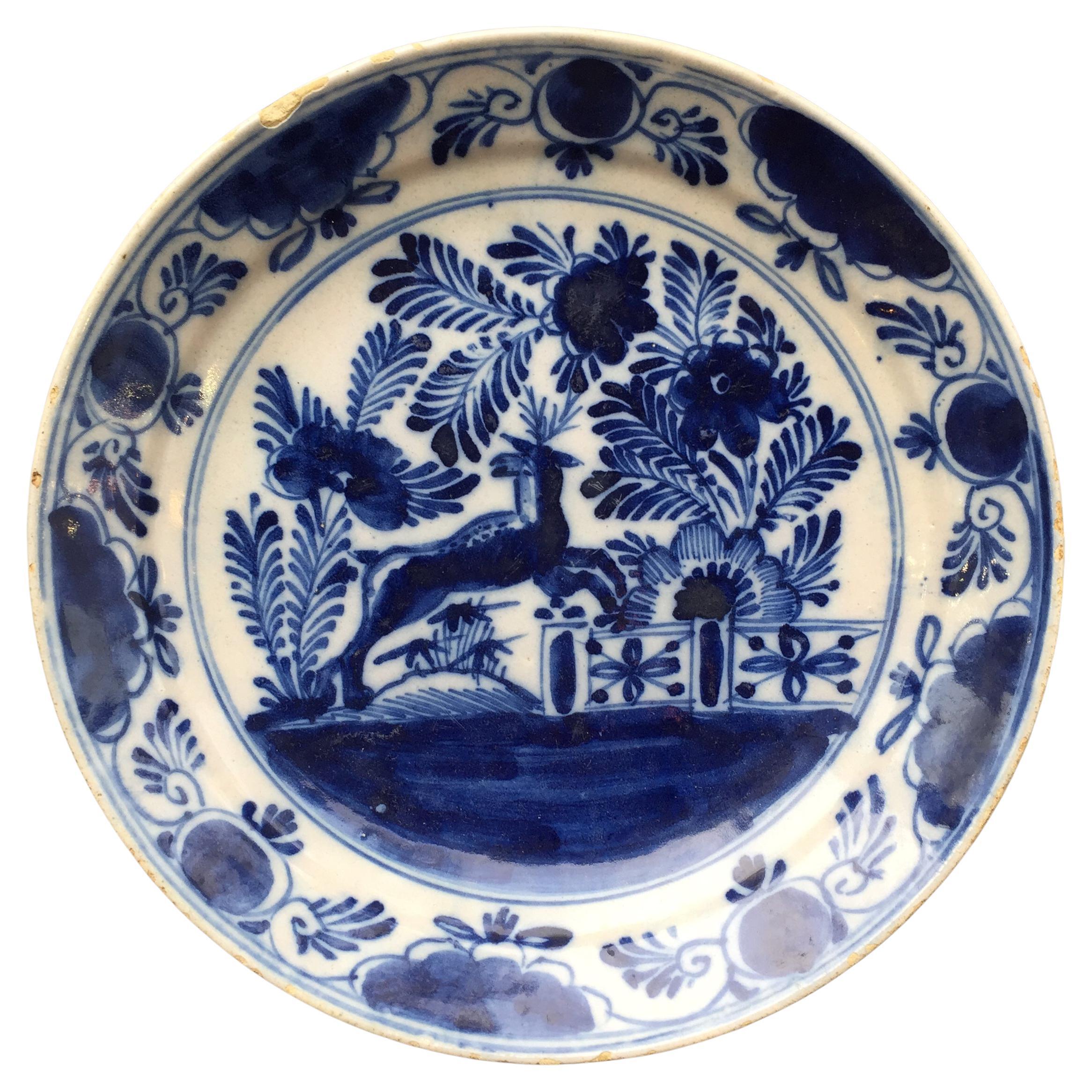 Dutch Delft Plate with a Deer, 18th Century For Sale