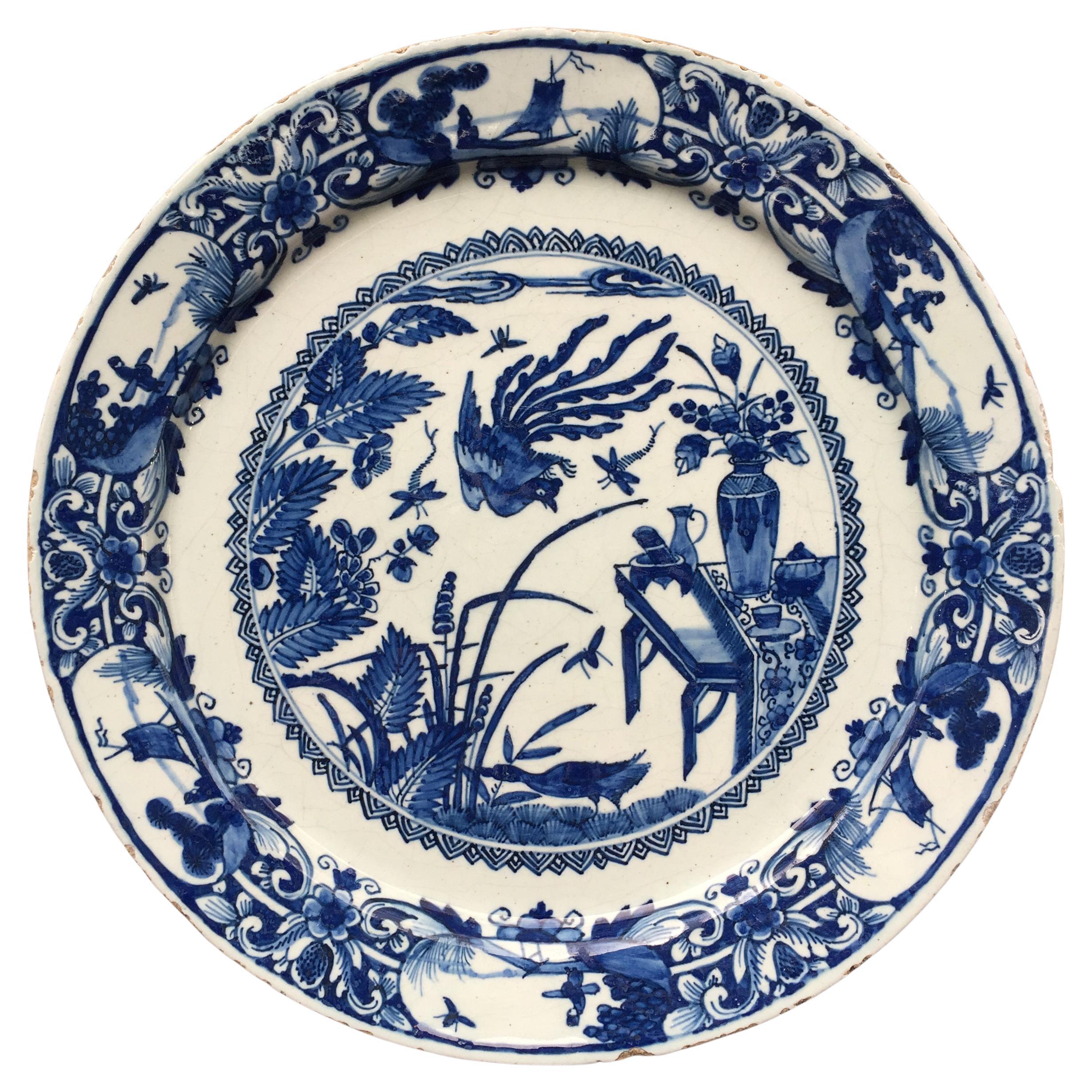 Dutch Delft Plate with Chinoiserie Design, 18th Century For Sale