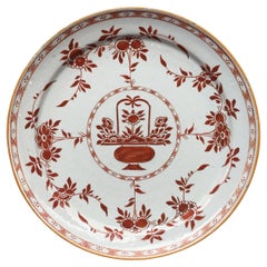 Antique Dutch Delft Plate with Flower Basket, 18th Century
