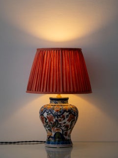 Dutch Delft Polychrome Chinoiserie Table Lamp, Makkum, New Coral Silk Shade