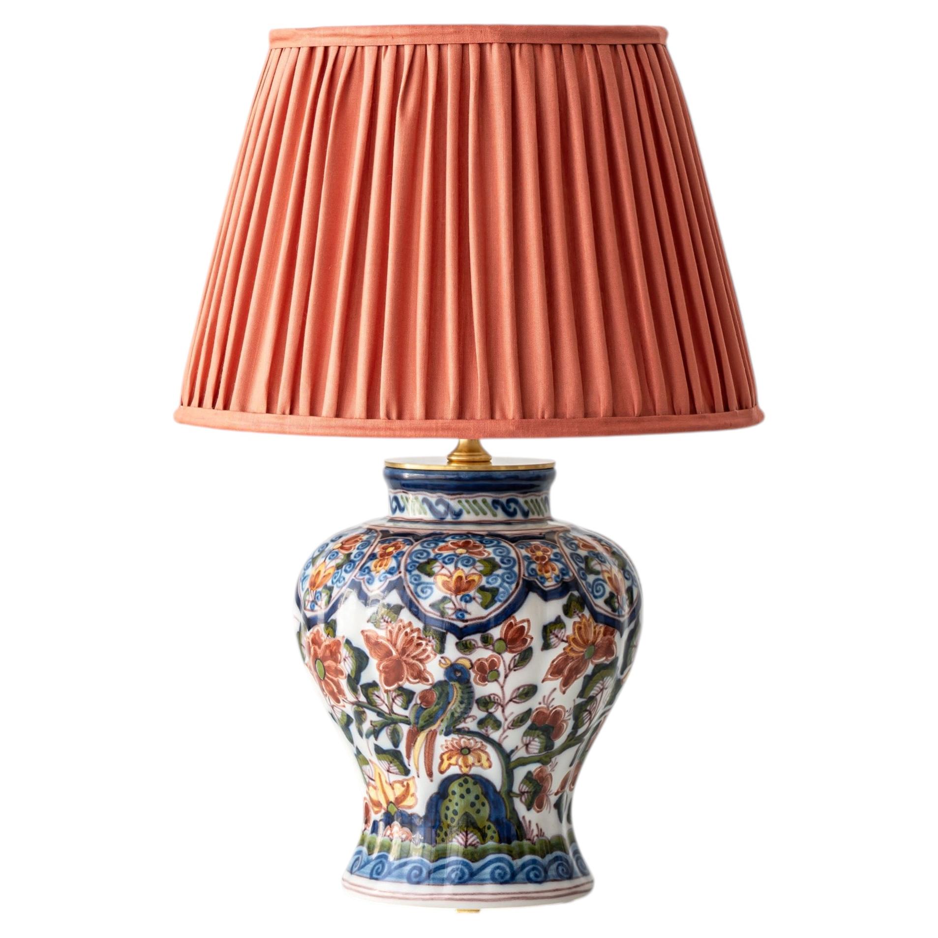 Hand-Painted Chinoiserie Ceramic Table Lamp, Delft Polychrome, New Pleated Shade