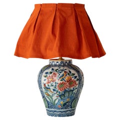 Dutch Delft Polychrome Chinoiserie Table Lamp, Tichelaar Makkum, New Silk Shade