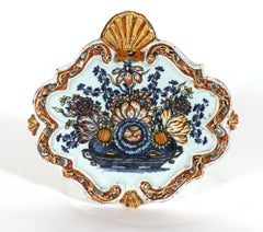 Dutch Delft Polychrome Shaped Plaques with Flower Baskets