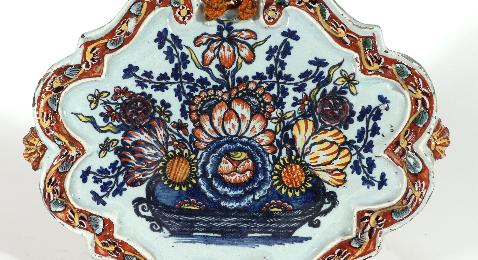 Dutch Delft Polychrome Shaped Plaques with Flower Baskets In Good Condition For Sale In Downingtown, PA