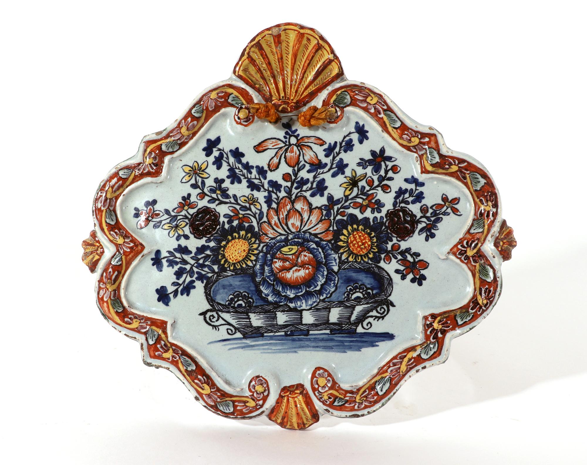 Dutch Delft Polychrome Shaped Plaques with Flower Baskets For Sale 1