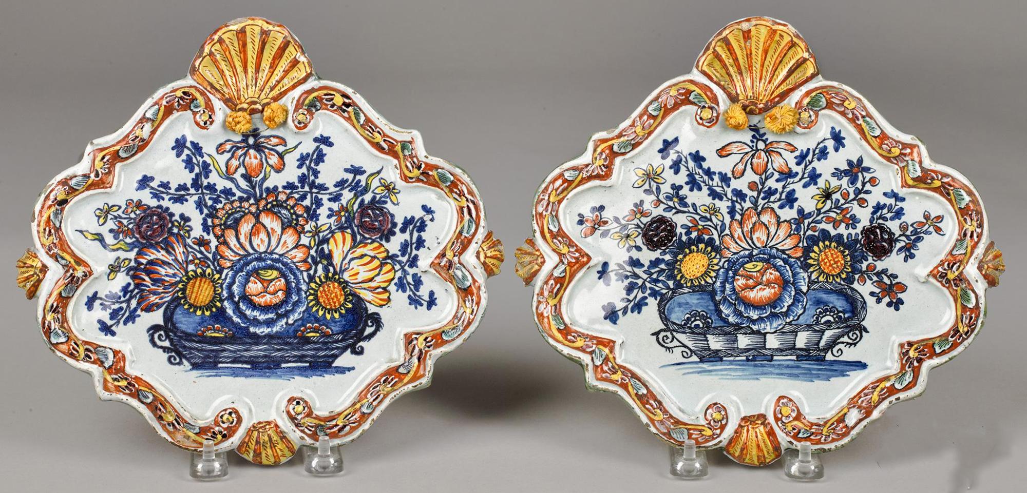 Dutch Delft Polychrome Shaped Plaques with Flower Baskets For Sale 4
