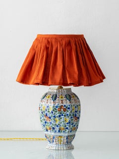 Dutch Delft Polychrome Table Lamp, Tichelaar Makkum, New Loose Pleat Silk Shade