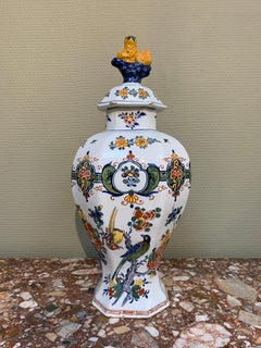 Dutch Delft Polychrome Vase with Flowers and Birds, Mid 18th Century