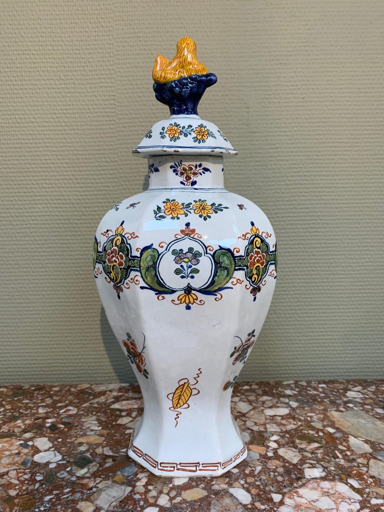 Rococo Dutch Delft Polychrome Vase with Flowers and Birds, Mid 18th Century For Sale