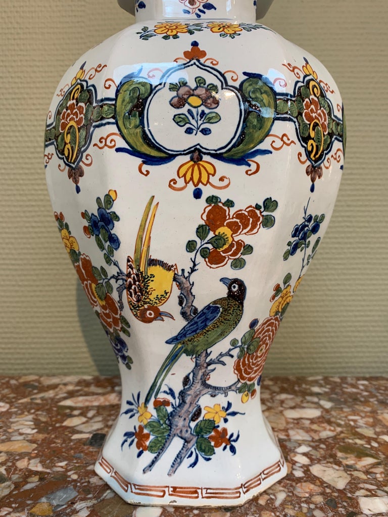 Glazed Dutch Delft Polychrome Vase with Flowers and Birds, Mid 18th Century For Sale
