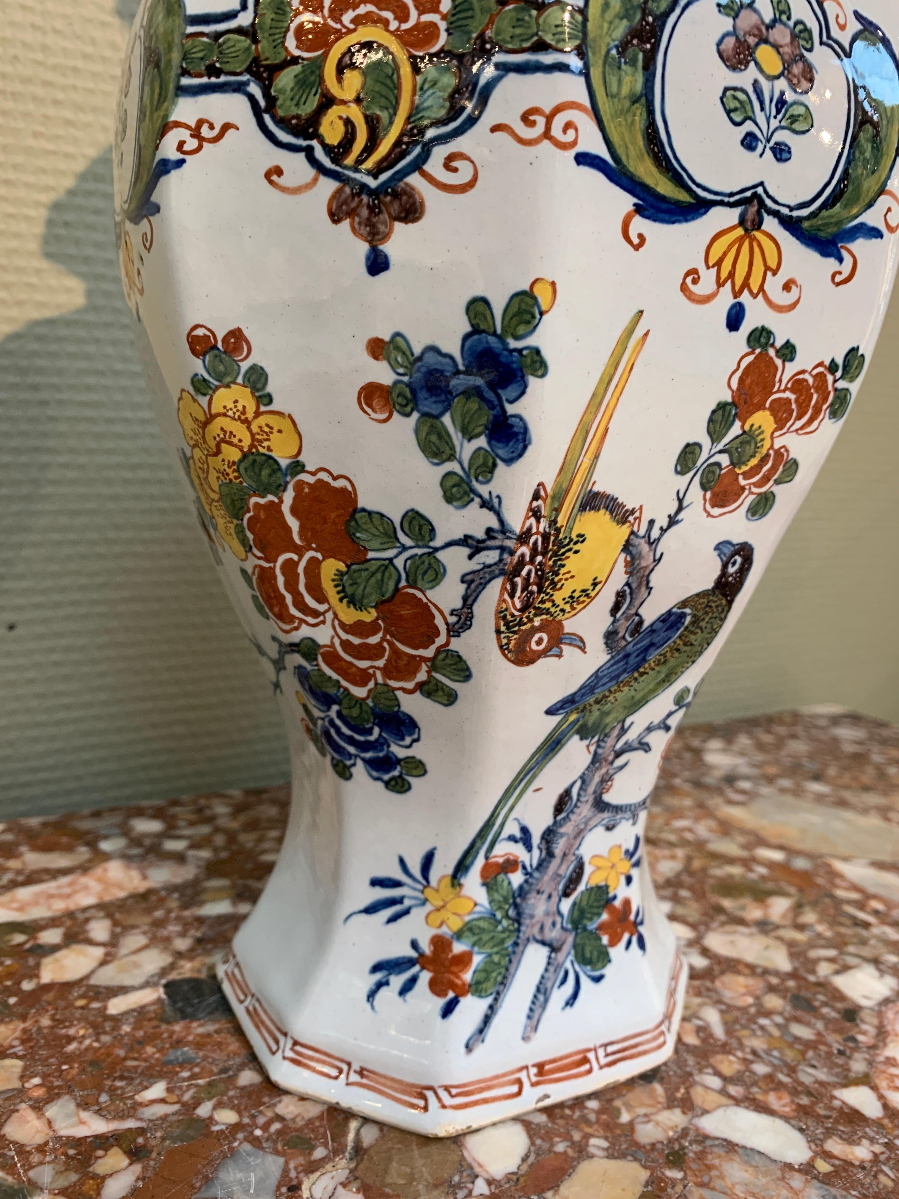 Rococo Dutch Delft Polychrome Vase with Flowers and Birds, Mid 18th Century For Sale
