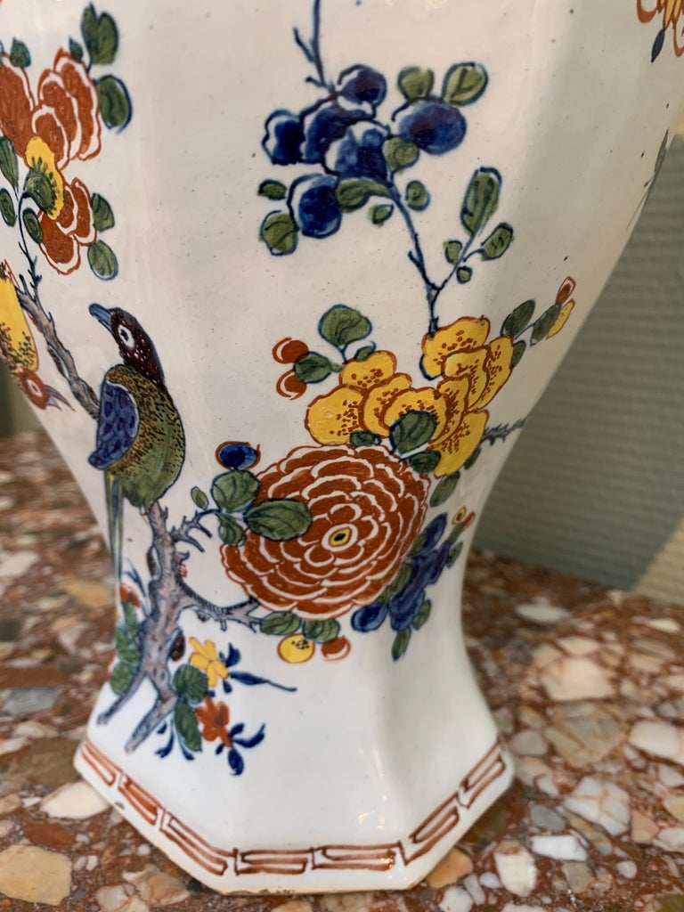 Faience Dutch Delft Polychrome Vase with Flowers and Birds, Mid 18th Century For Sale