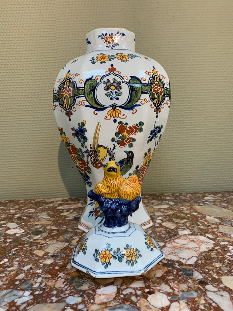 Dutch Delft Polychrome Vase with Flowers and Birds, Mid 18th Century For Sale 3