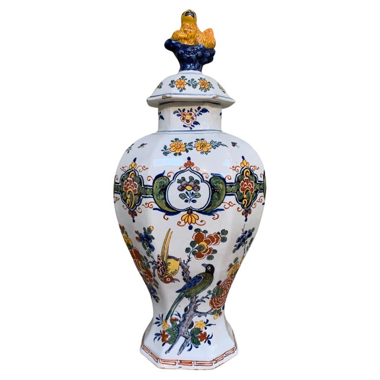 Dutch Delft Polychrome Vase with Flowers and Birds, Mid 18th Century For Sale