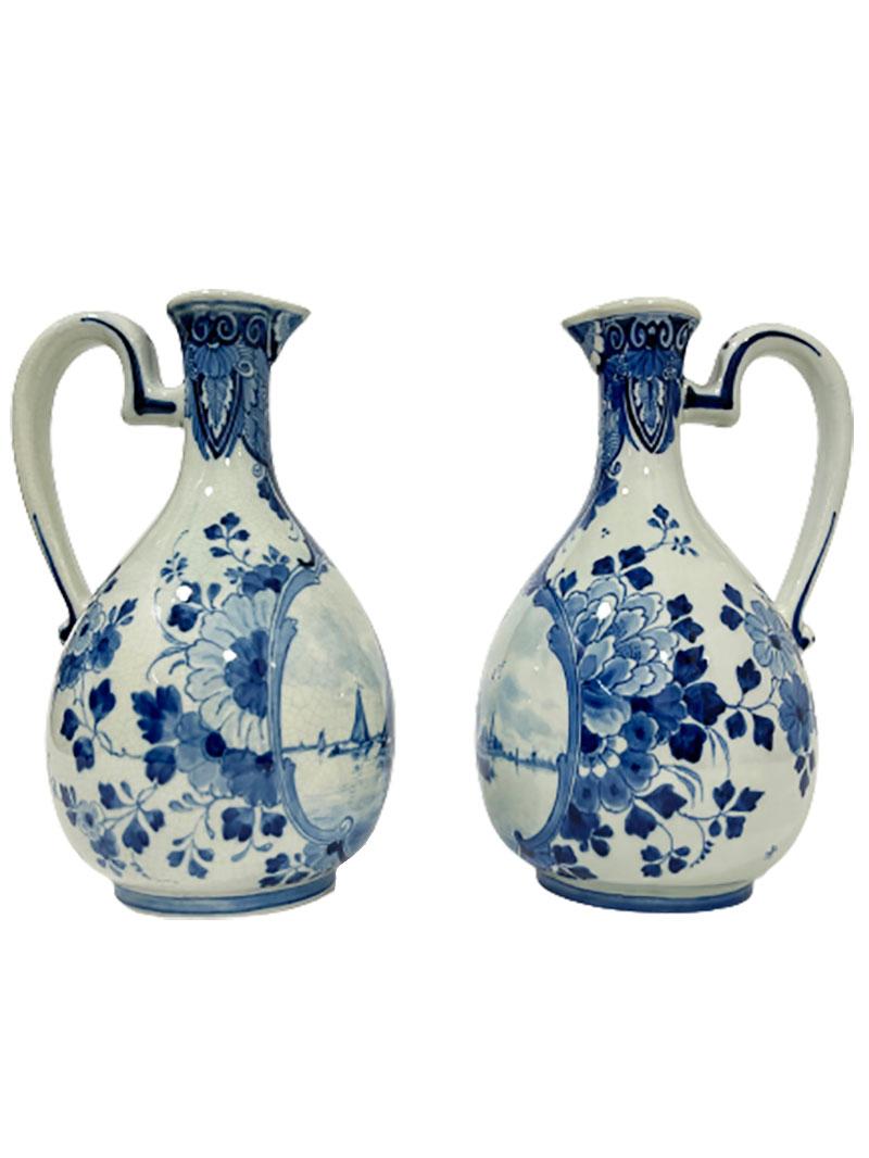 Dutch Delft Porceleyne Fles jugs, 1899-1903

Two Delft Porceleyne Fles jugs with in medallion painted scenes and floral decoration. The sailing boat is from the year U = 1899 and painted by P.L. Dijkman (1882-1922) and C. van Heukelom (1892-1905).