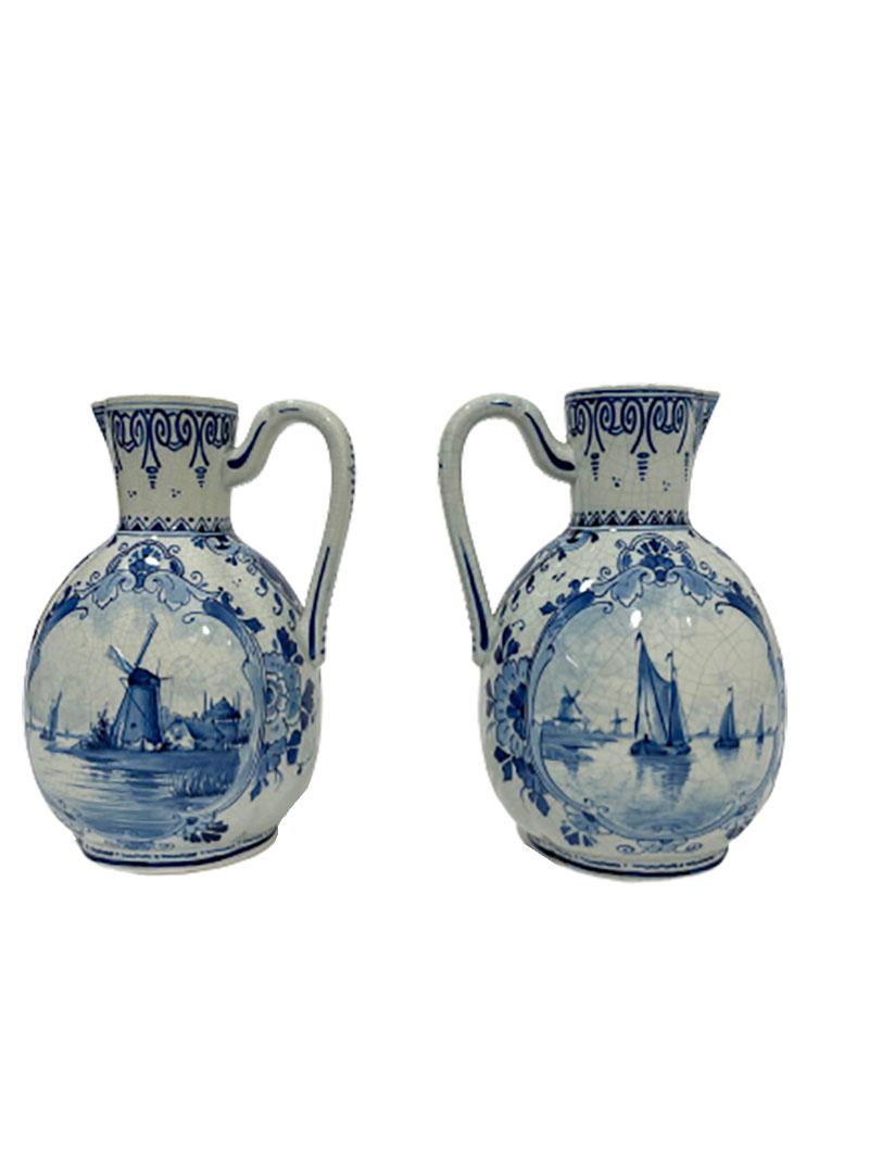 Hand-Painted Dutch Delft Porceleyne Fles Oval Lobed Jugs with Handles, 1894 For Sale