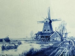 Dutch Delft Porceleyne Fles Plaque, Windmills in a Dutch landscape, 1892