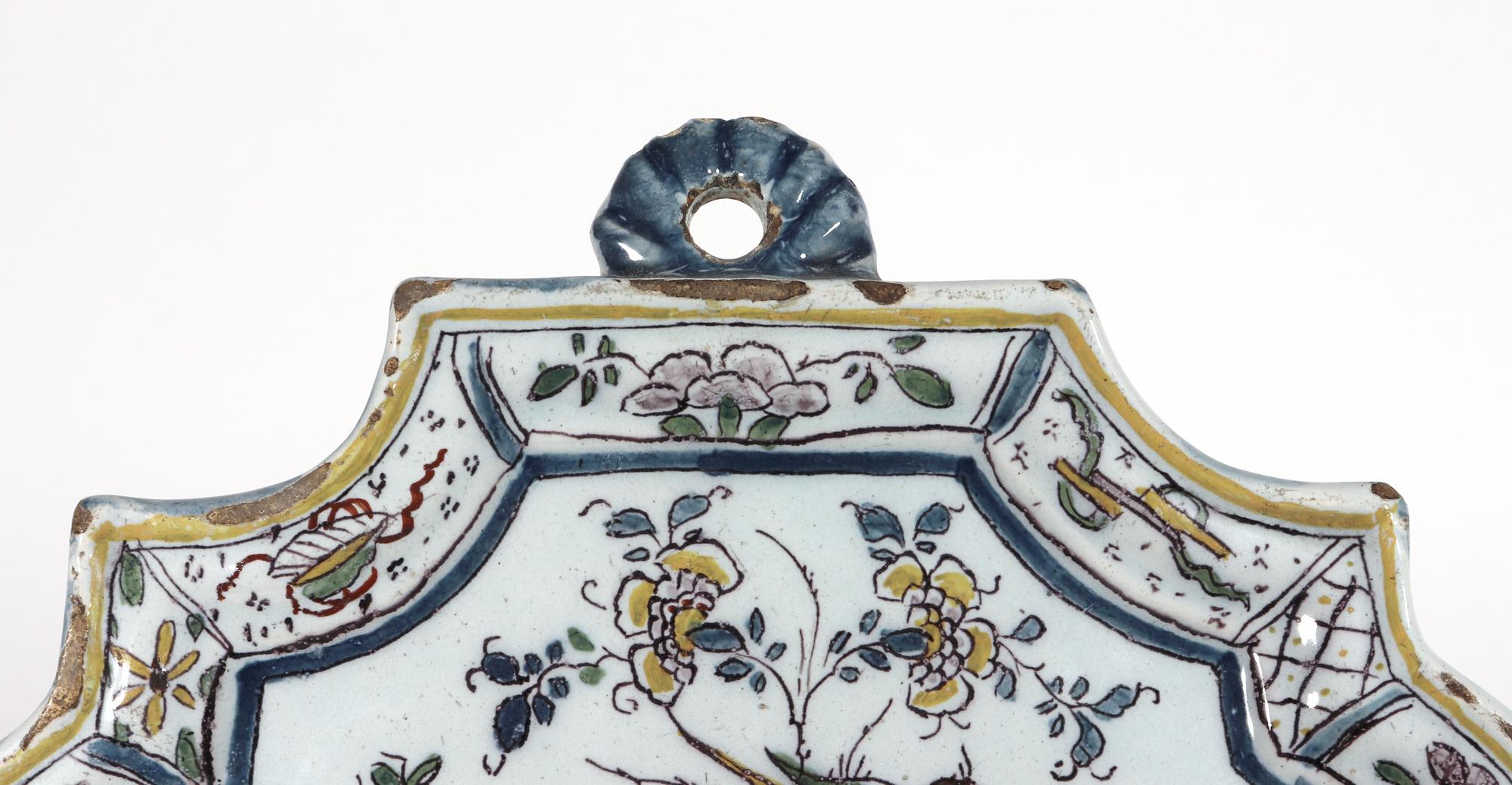 Mid-18th Century 18th Century Dutch Delft Shaped Chinoiserie Polychrome Plaque For Sale