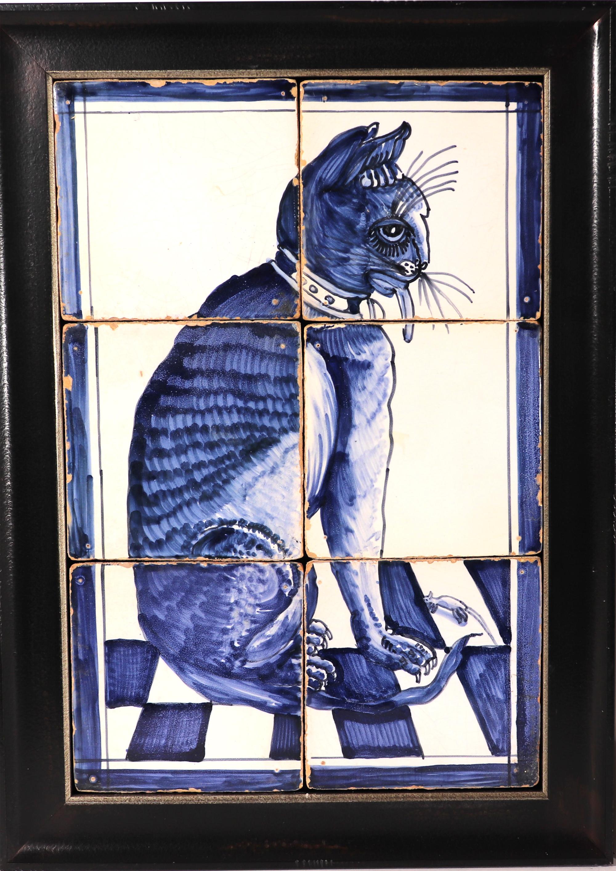 Dutch Delft six-tile blue & white pictures of cats.
Circa 1770

Each set of six tiles has a picture of a cat in blue and white. The cats face opposite each other, their heads turned towards the viewer, as they sit on their haunches on a wonderful