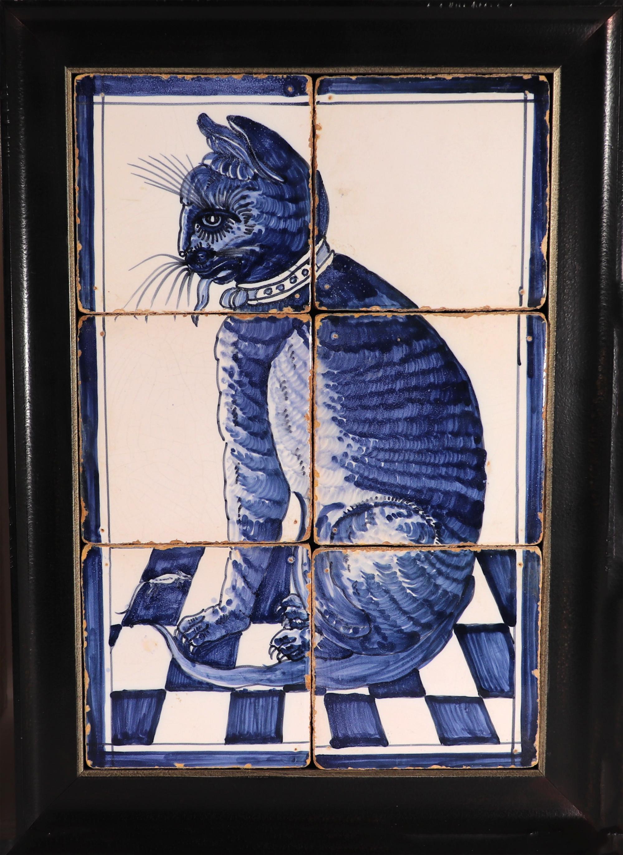 Georgian Dutch Delft Six-Tile Blue & White Pictures of Cats