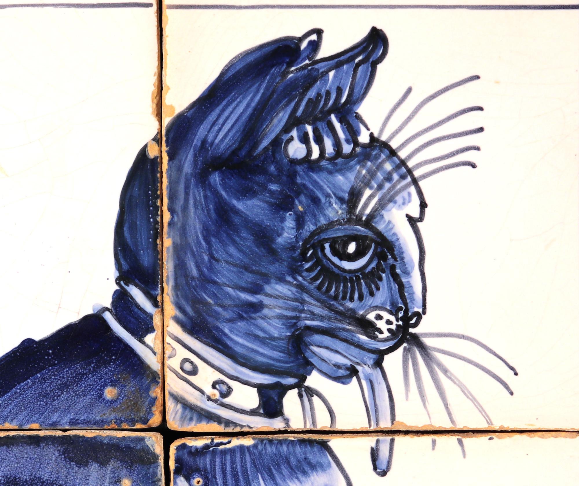 Dutch Delft Six-Tile Blue & White Pictures of Cats In Good Condition In Downingtown, PA