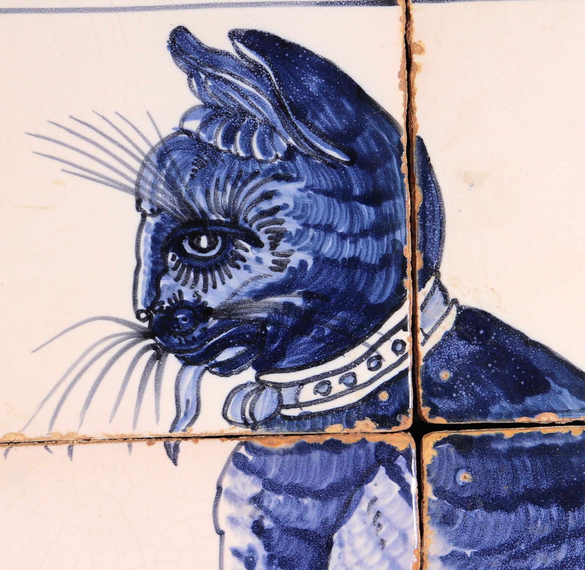 18th Century Dutch Delft Six-Tile Blue & White Pictures of Cats