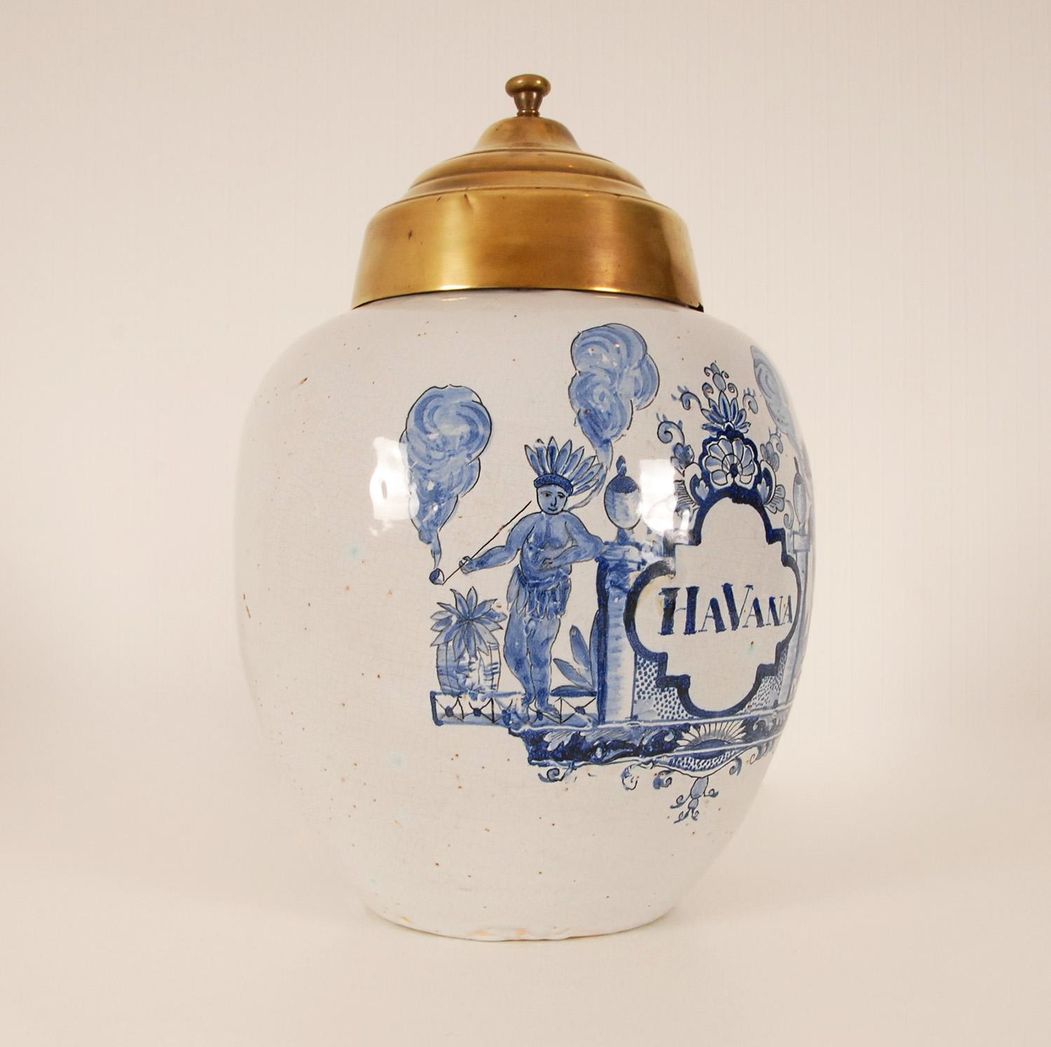 Brass Dutch Delft Tabacco Jar The Claw Blue White Delftware Tin Glazed Pottery   For Sale