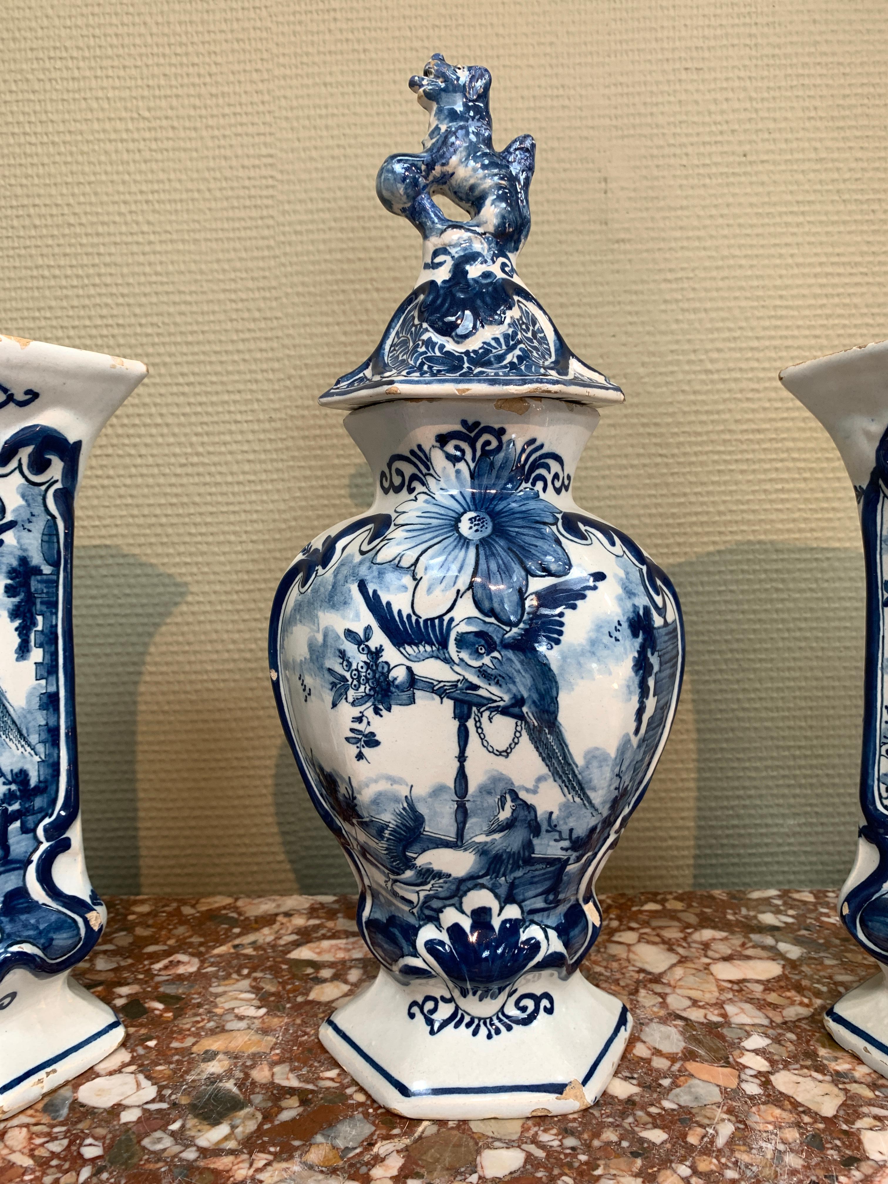 Glazed Dutch Delft Three Piece Garniture with Dog and Parrot, Vases Set, 18th Century For Sale
