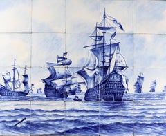 Framed Dutch Delft Tile Large Picture of A Fleet of Ships