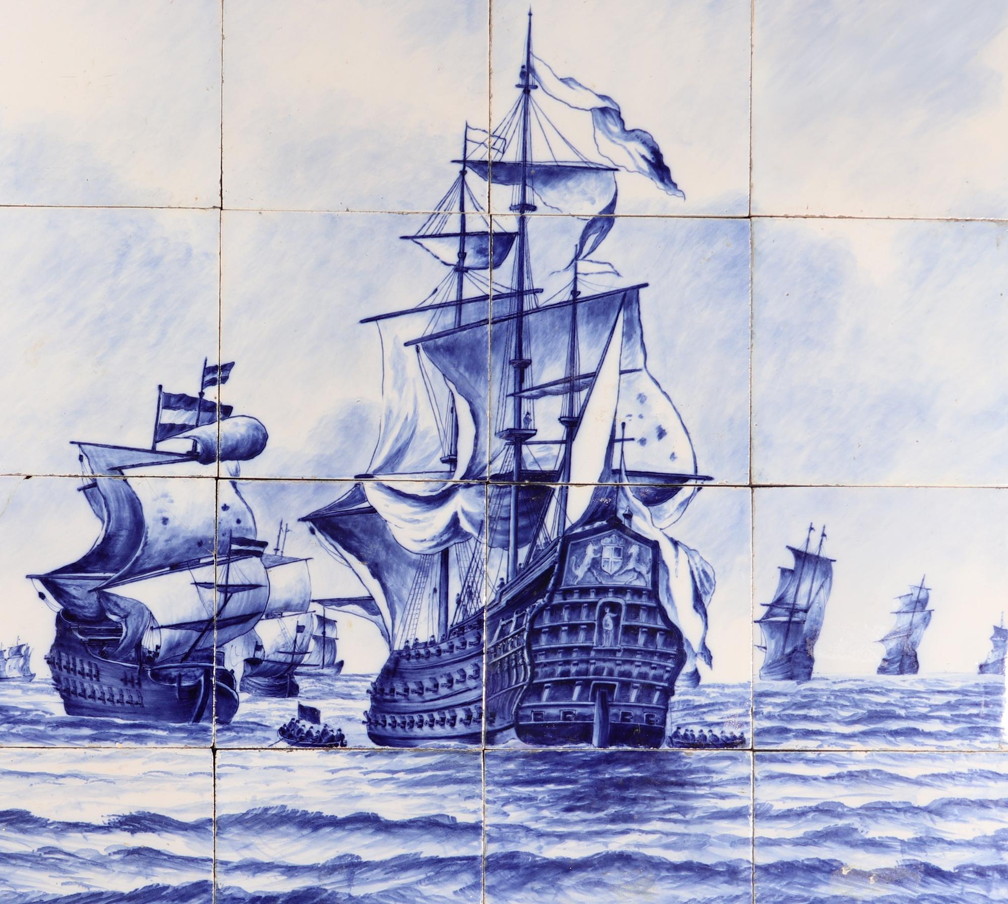 Dutch Delft Tile Large Picture of A Fleet of Ships In Good Condition For Sale In Downingtown, PA