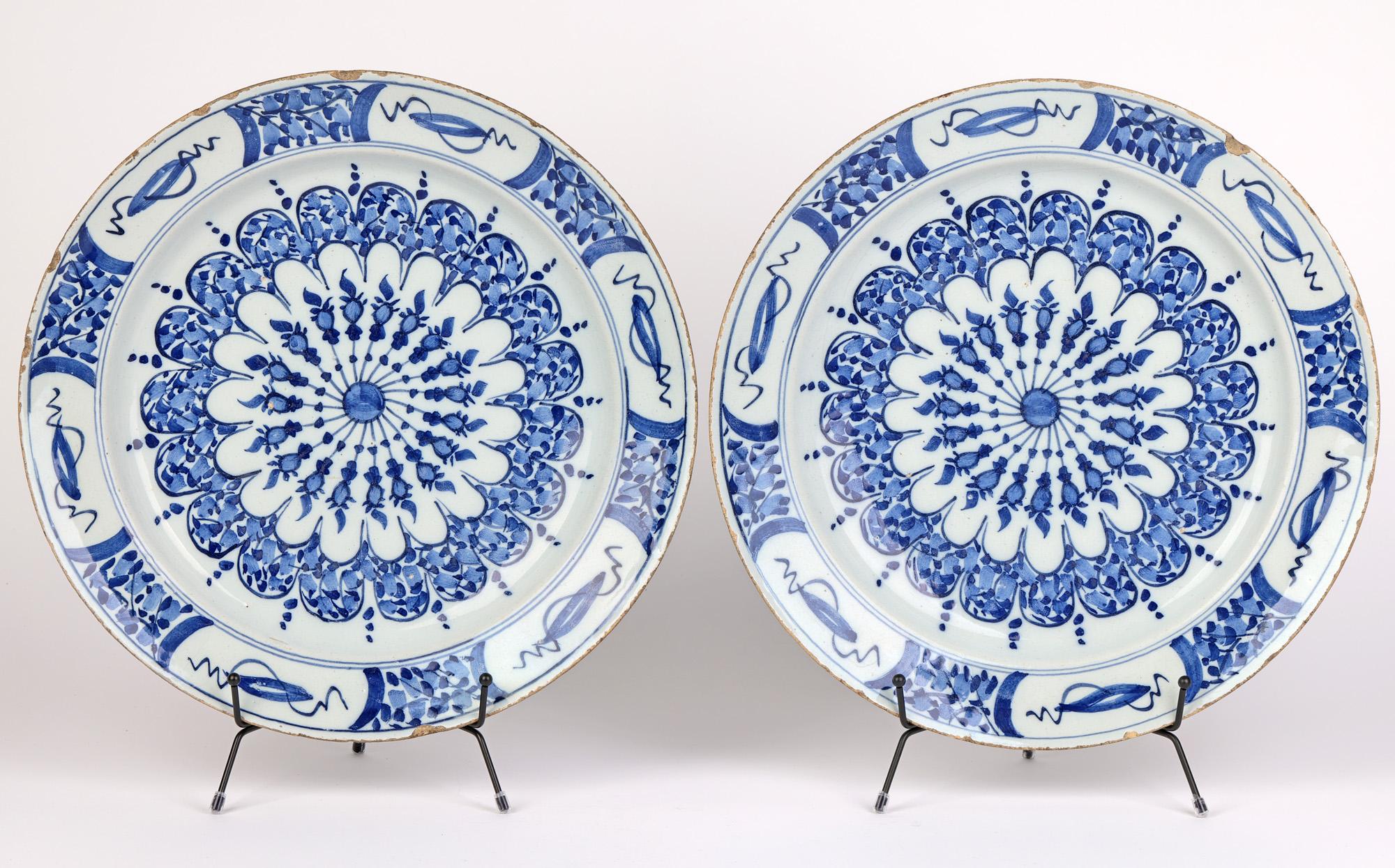 Dutch Delft Tin Glazed Blue & White Art Pottery Wall Plates For Sale 6