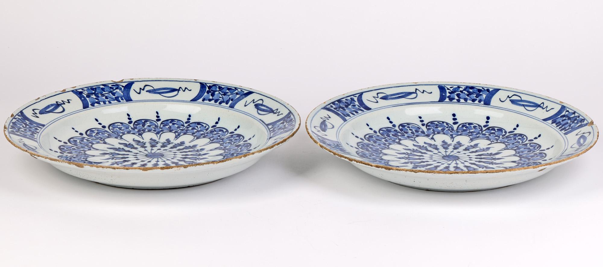 George II Dutch Delft Tin Glazed Blue & White Art Pottery Wall Plates For Sale