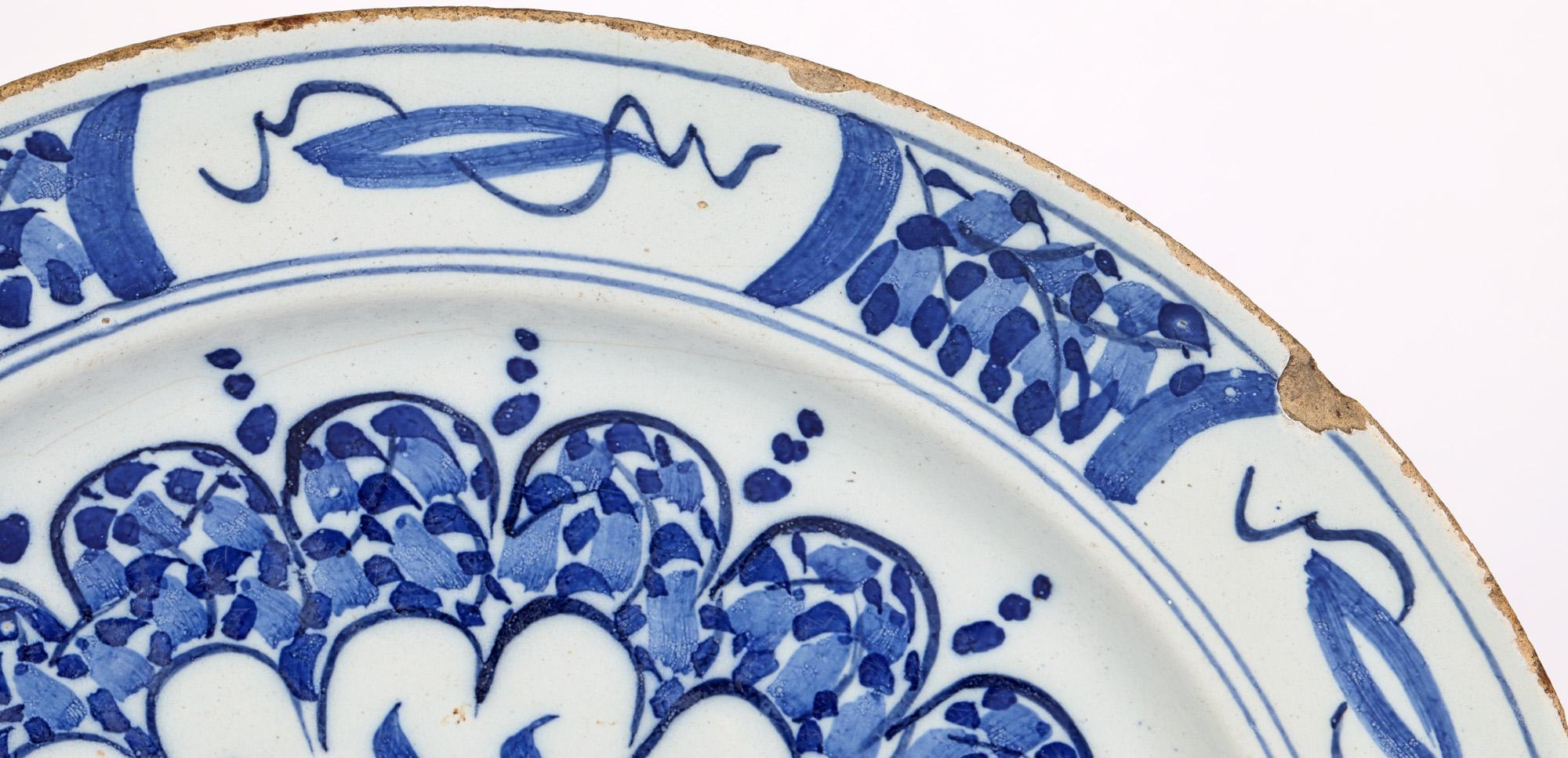 18th Century Dutch Delft Tin Glazed Blue & White Art Pottery Wall Plates For Sale