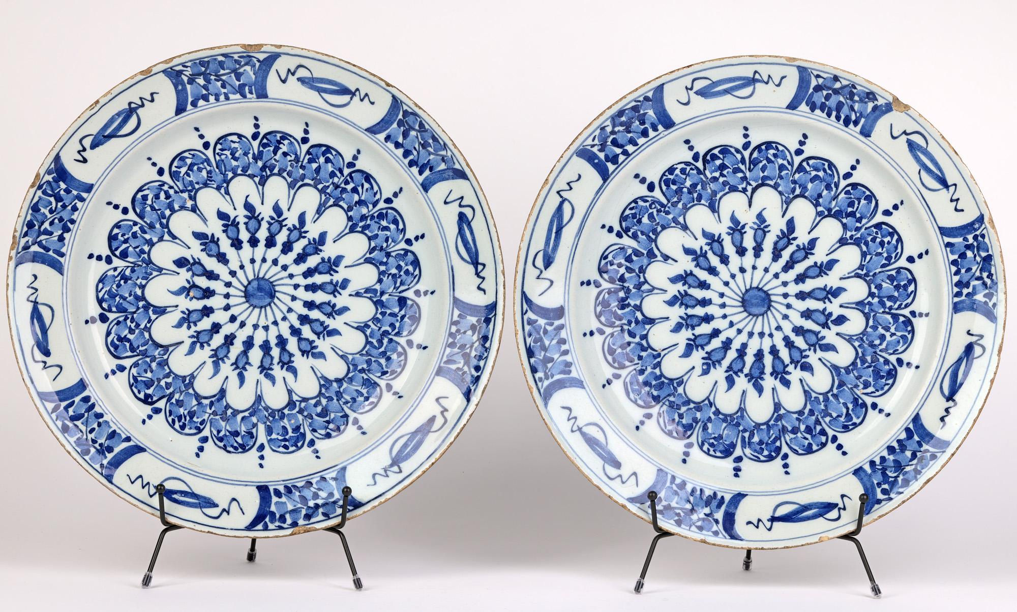 Dutch Delft Tin Glazed Blue & White Art Pottery Wall Plates For Sale 2