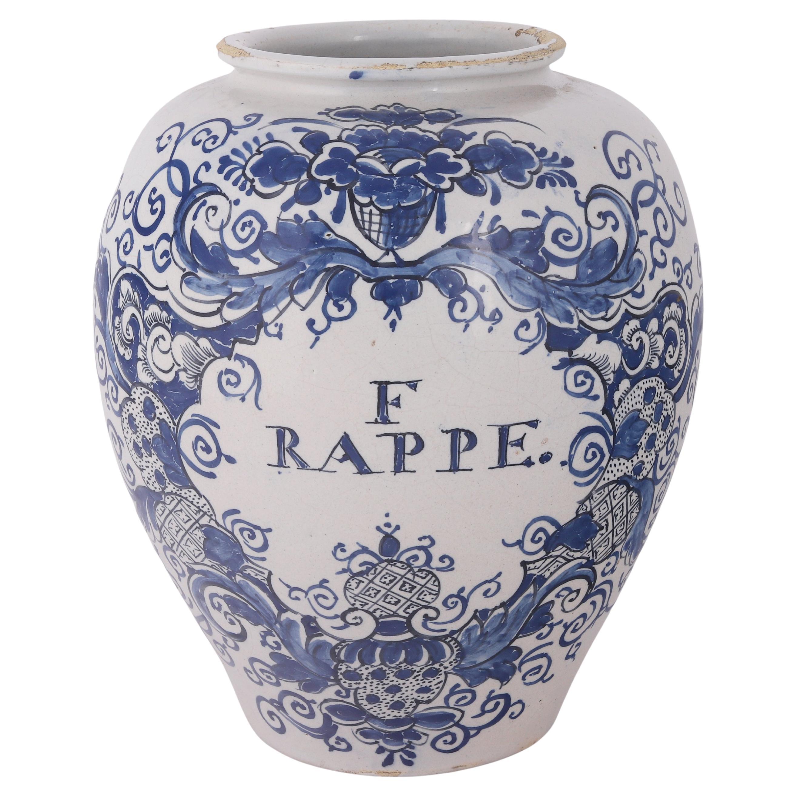 Bote de tabaco holandés de Delft: F Rappe, Siglo XVIII